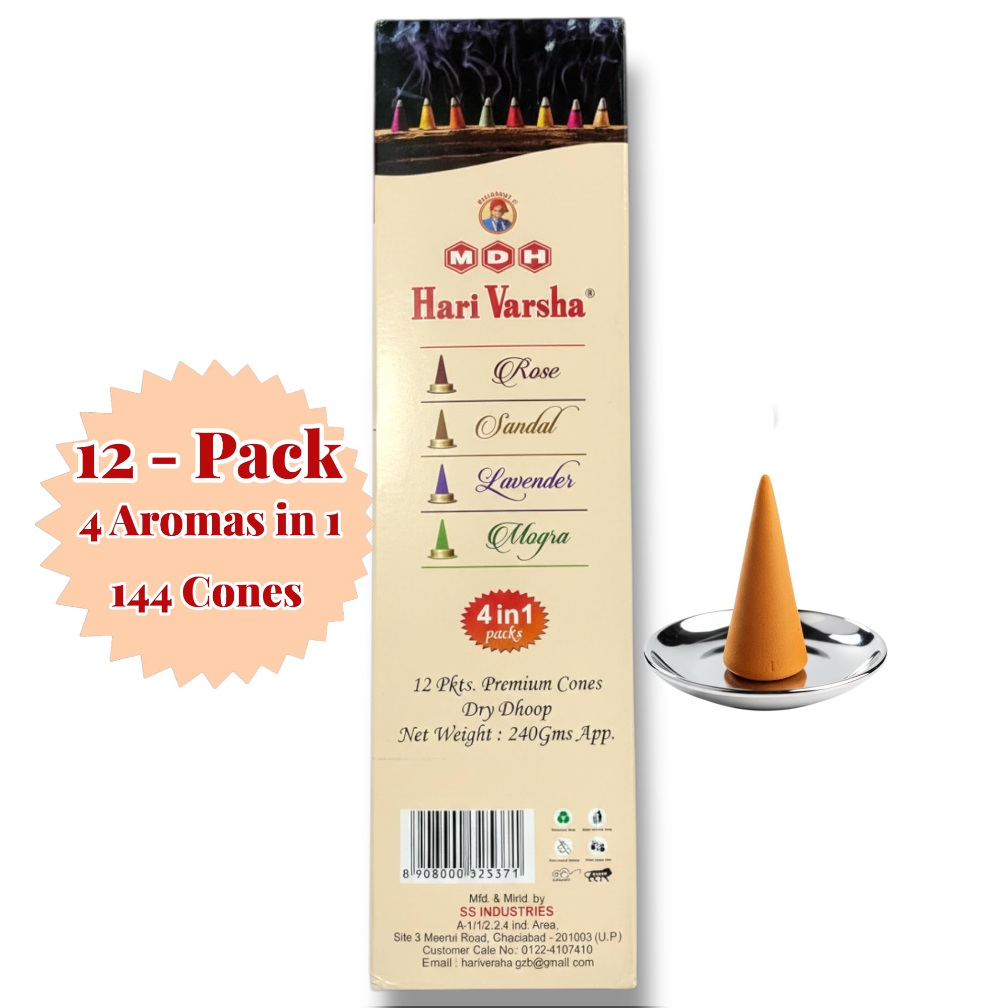 Premium Incense Cones with FREE Cone Stand | Rose, Sandalwood, Mogra & Lavender | 48 Cones – Hari Varsha