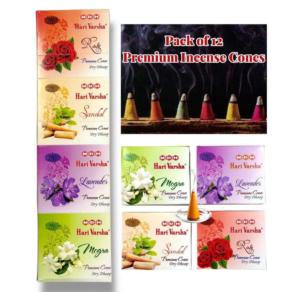 Premium Incense Cones with FREE Cone Stand | Rose, Sandalwood, Mogra & Lavender | 48 Cones – Hari Varsha