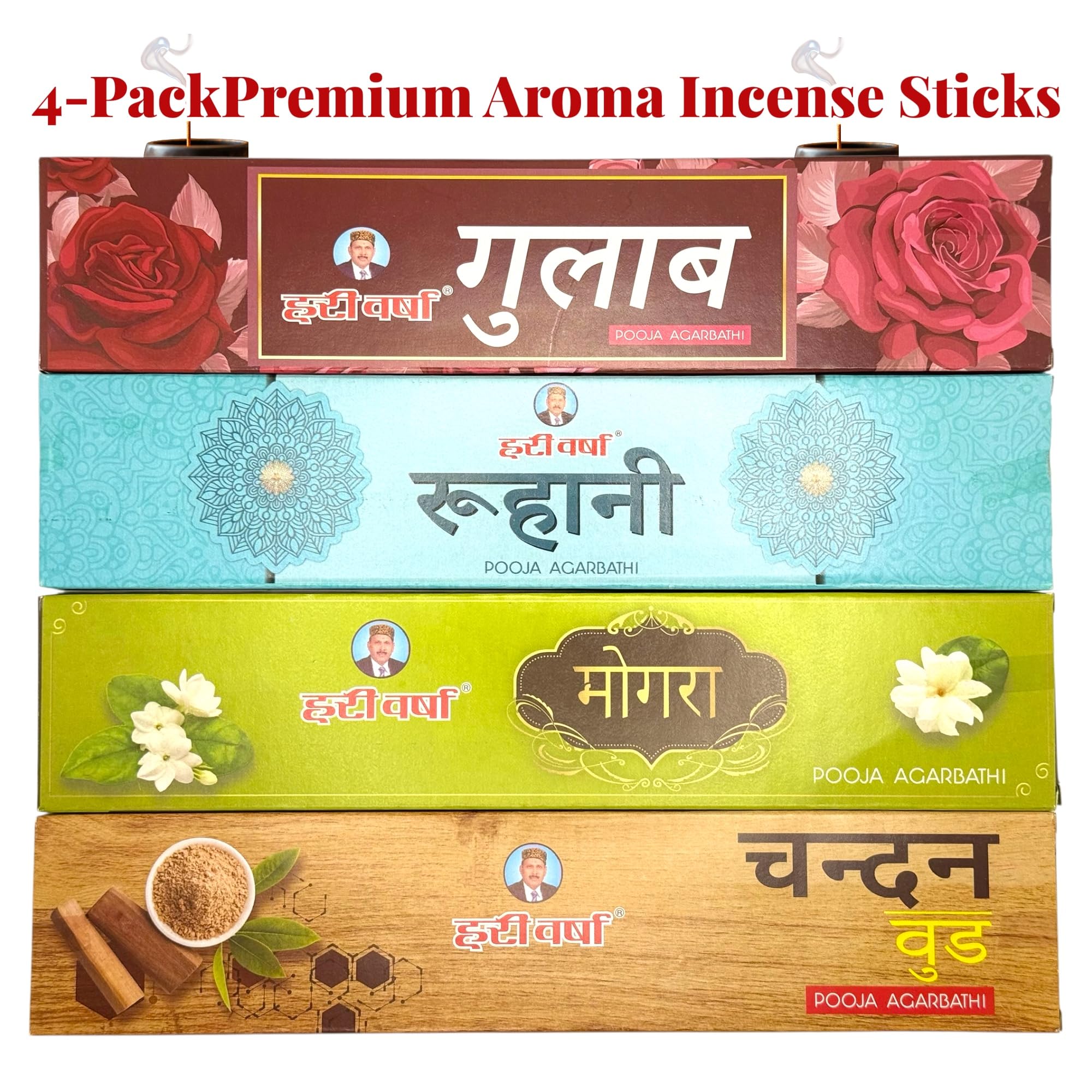 Incense Sticks - Premium Variety Pack - Sandalwood, Rose, Jasmine & Crème&Vanilla/Roohani - Long Lasting Incense for Meditation, Yoga, Prayer, Relaxation & Home Fragrance - Hari Varsha