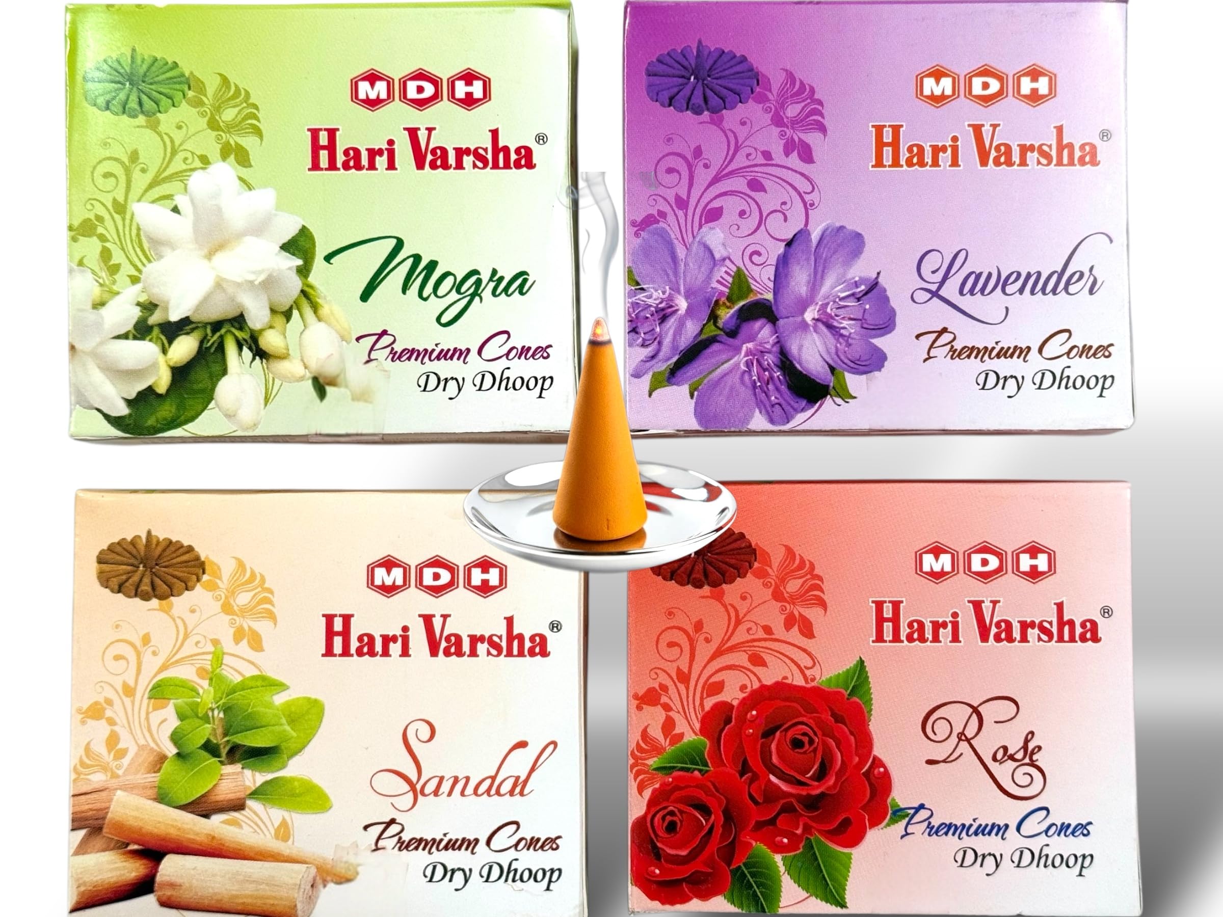 Premium Incense Cones with FREE Cone Stand | Rose, Sandalwood, Mogra & Lavender | 48 Cones – Hari Varsha