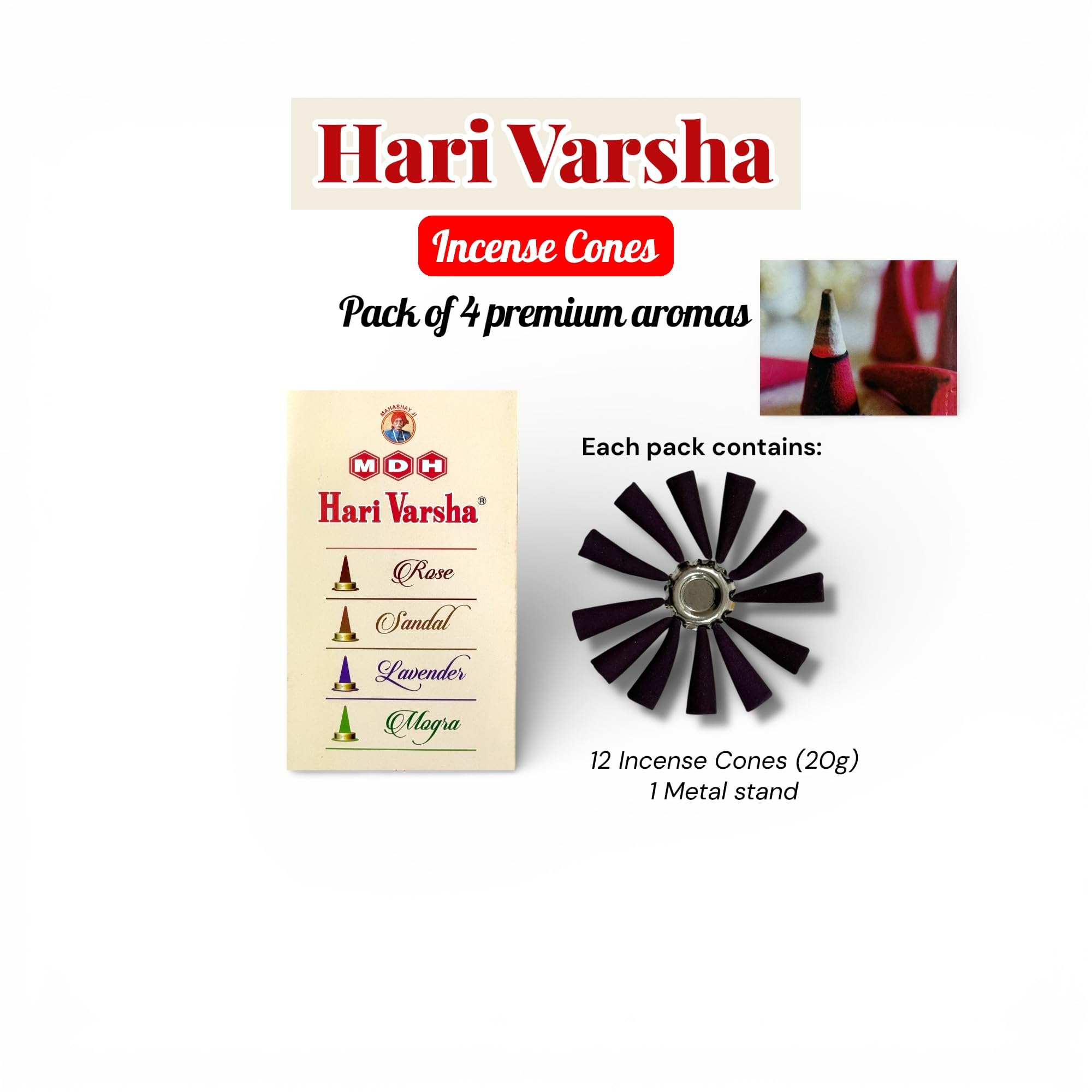 Premium Incense Cones with FREE Cone Stand | Rose, Sandalwood, Mogra & Lavender | 48 Cones – Hari Varsha