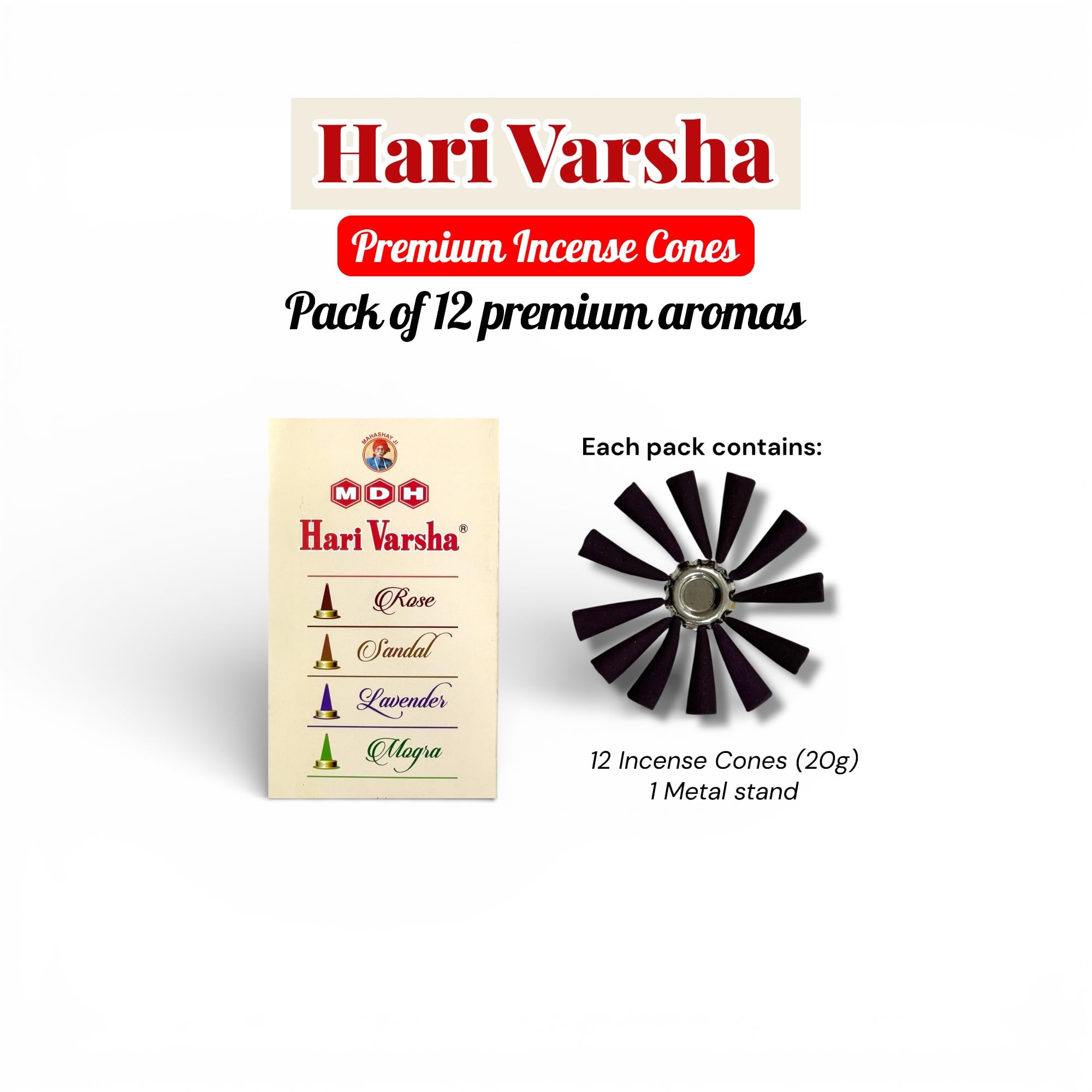 Premium Incense Cones with FREE Cone Stand | Rose, Sandalwood, Mogra & Lavender | 48 Cones – Hari Varsha