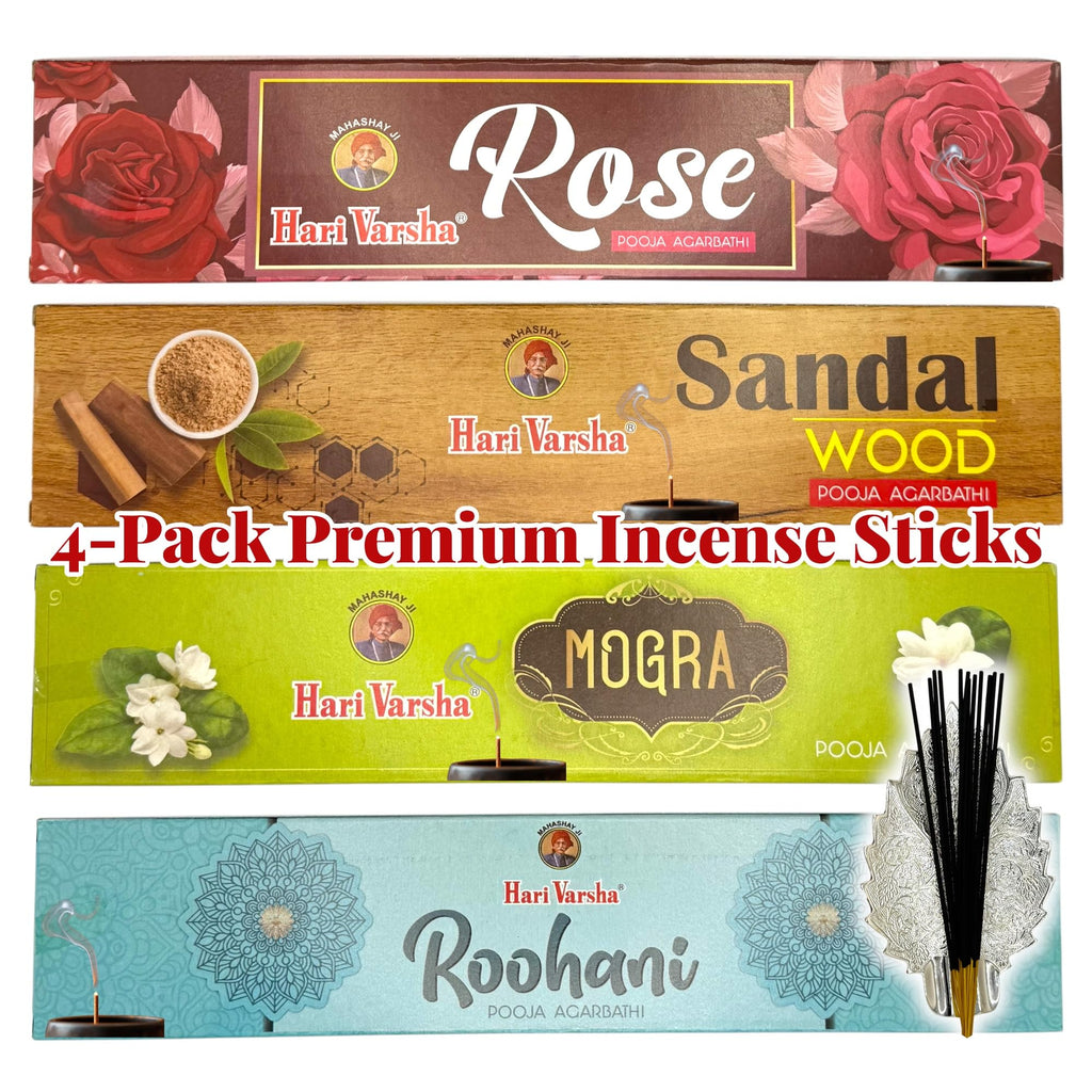 Incense Sticks - Premium Variety Pack - Sandalwood, Rose, Jasmine & Crème&Vanilla/Roohani - Long Lasting Incense for Meditation, Yoga, Prayer, Relaxation & Home Fragrance - Hari Varsha