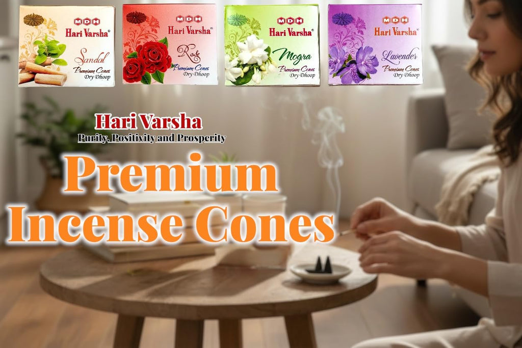 Premium Incense Cones with FREE Cone Stand | Rose, Sandalwood, Mogra & Lavender | 48 Cones – Hari Varsha