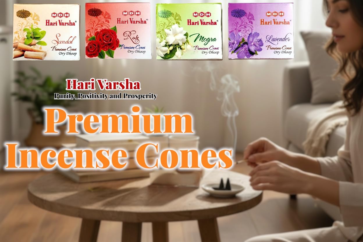 Premium Incense Cones with FREE Cone Stand | Rose, Sandalwood, Mogra & Lavender | 48 Cones – Hari Varsha