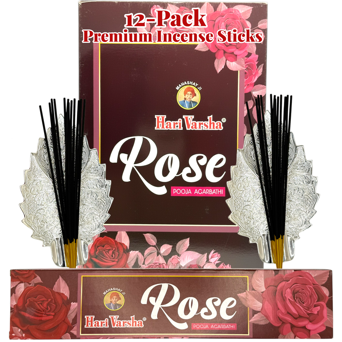 Hari Varsha Rose Incense Sticks 12-Pack with decorative silver leaf holders – Pooja Agarbathi
