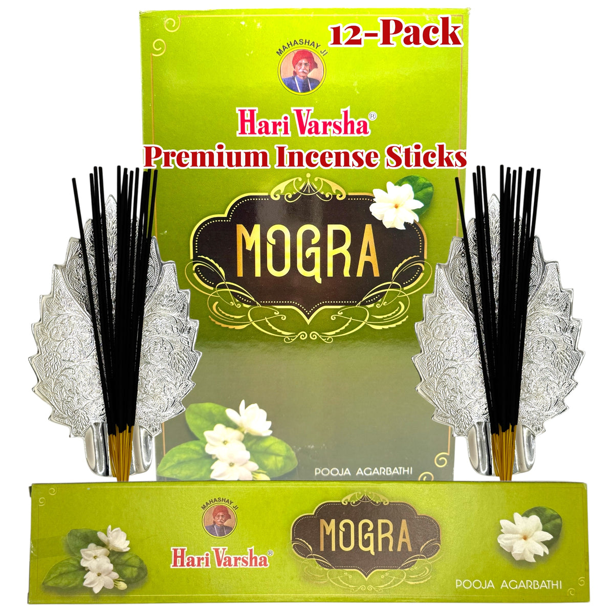 Hari Varsha Mogra Premium Incense Sticks 12-pack, featuring a bright green box with white jasmine illustrations, two silver decorative fans, and several black incense sticks on a plain white background.