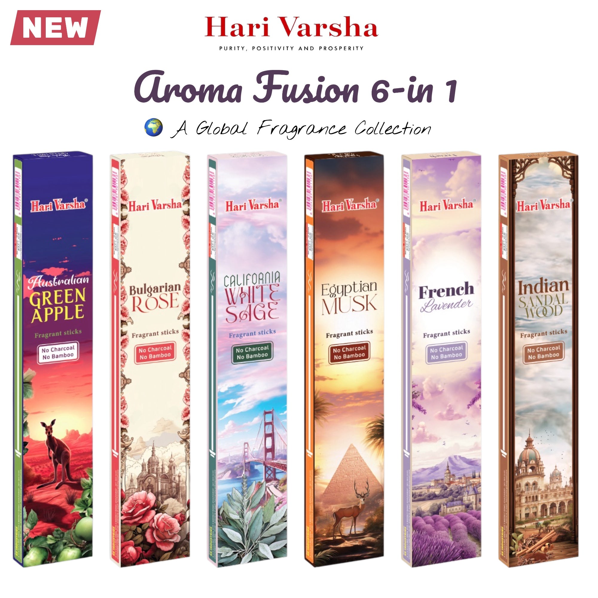 Hari Varsha Aroma Fusion Incense Sticks Set – 6 global scents, bamboo-free
