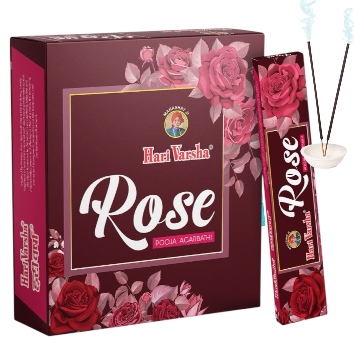Hari Varsha Rose Incense Sticks box and single pack with burning stick in holder