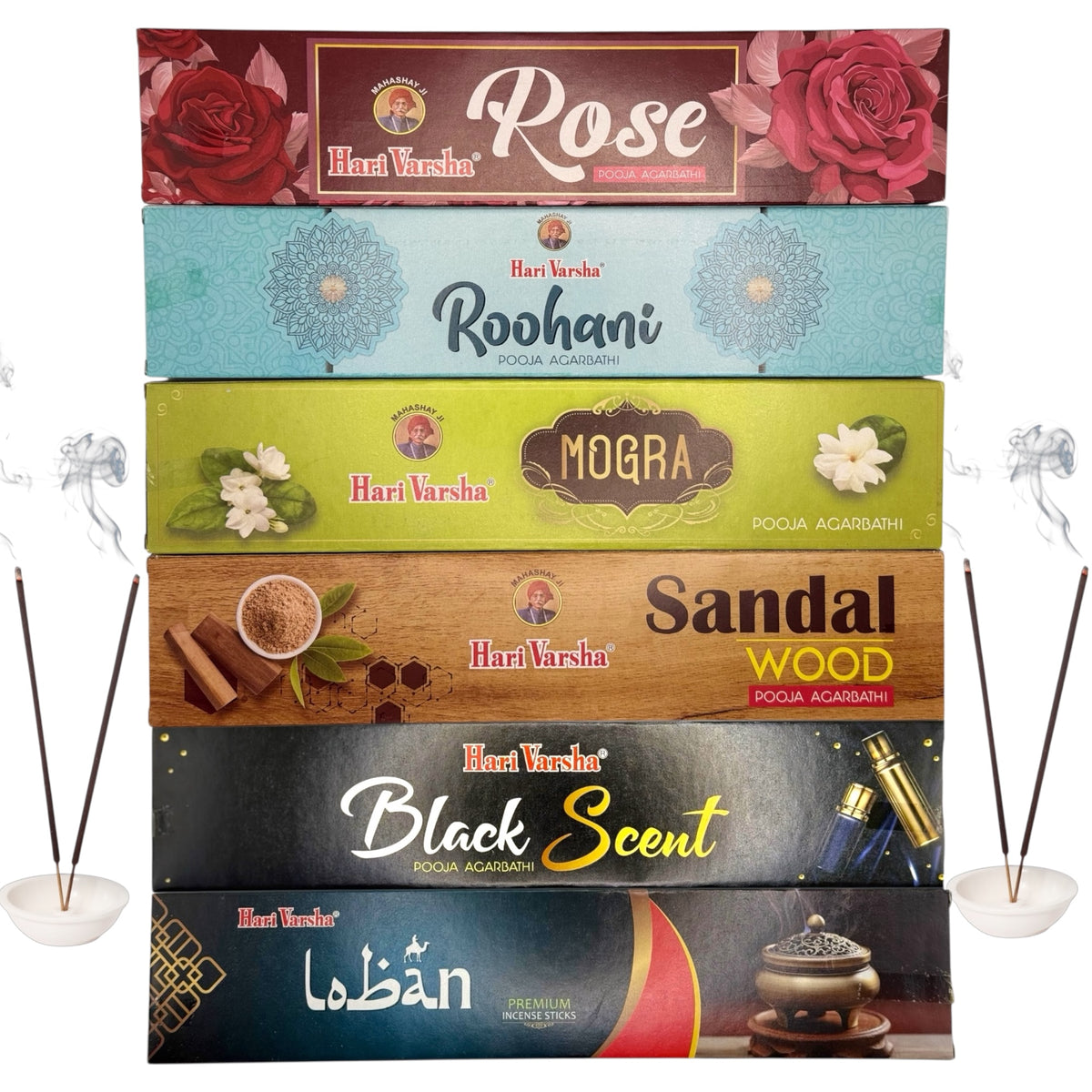 Premium Incense Sticks Variety Pack | Sandalwood, Rose, Jasmine, Vanilla, Loban & Black Scent | Meditation, Yoga & Home Fragrance – Hari Varsha