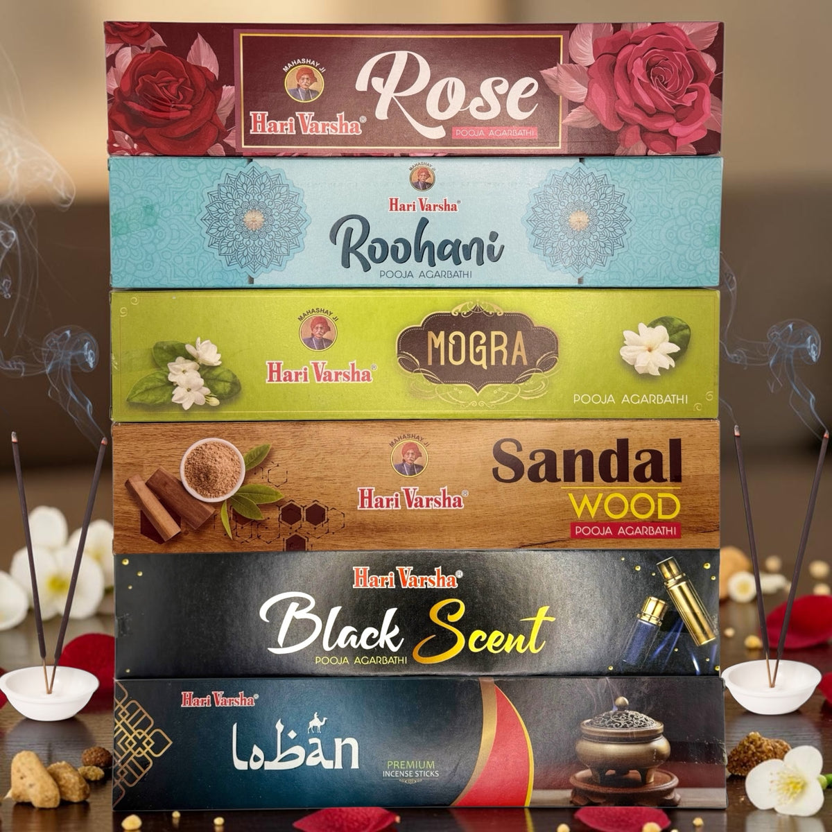 Premium Incense Sticks Variety Pack | Sandalwood, Rose, Jasmine, Vanilla, Loban & Black Scent | Meditation, Yoga & Home Fragrance – Hari Varsha