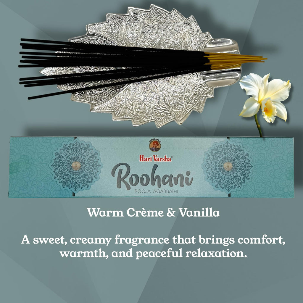 Incense Sticks - Premium Variety Pack - Sandalwood, Rose, Jasmine & Crème&Vanilla/Roohani - Long Lasting Incense for Meditation, Yoga, Prayer, Relaxation & Home Fragrance - Hari Varsha
