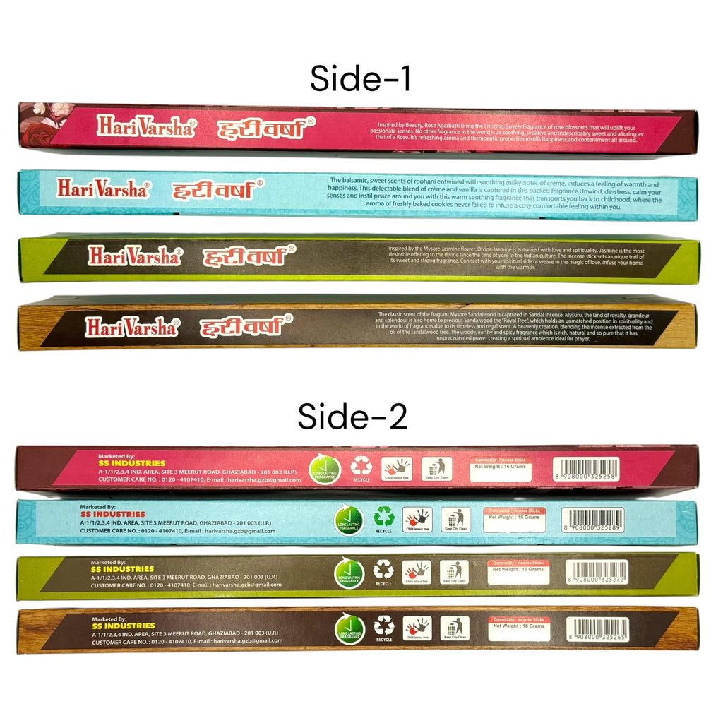 Incense Sticks - Premium Variety Pack - Sandalwood, Rose, Jasmine & Crème&Vanilla/Roohani - Long Lasting Incense for Meditation, Yoga, Prayer, Relaxation & Home Fragrance - Hari Varsha