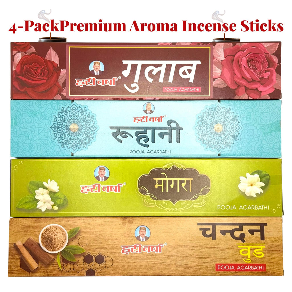 Incense Sticks - Premium Variety Pack - Sandalwood, Rose, Jasmine & Crème&Vanilla/Roohani - Long Lasting Incense for Meditation, Yoga, Prayer, Relaxation & Home Fragrance - Hari Varsha