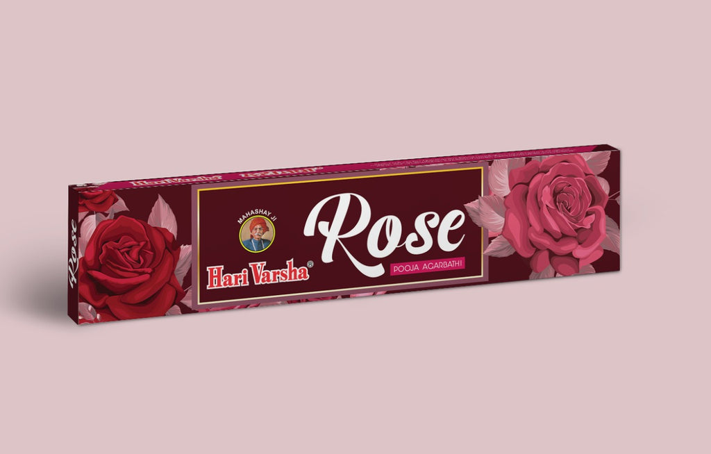 Hari Varsha Rose Pooja Agarbathi incense sticks single pack side view with rose floral design