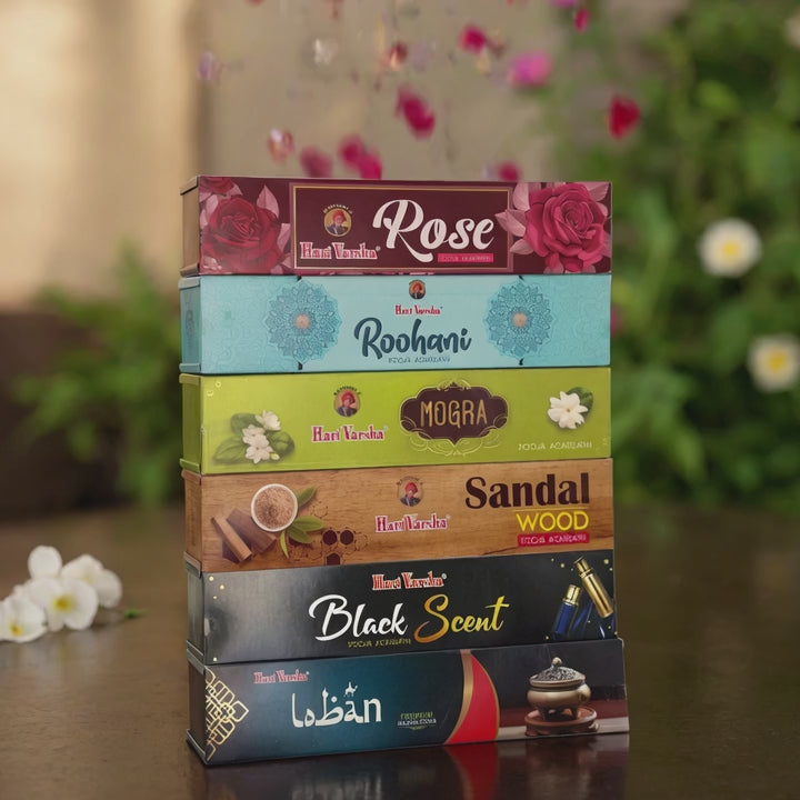 Premium Incense Sticks Variety Pack | Sandalwood, Rose, Jasmine, Vanilla, Loban & Black Scent | Meditation, Yoga & Home Fragrance – Hari Varsha